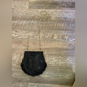 CARLA MARCHI Vintage Black Seashell Beaded Clutch Shoulder Bag Kiss Lock